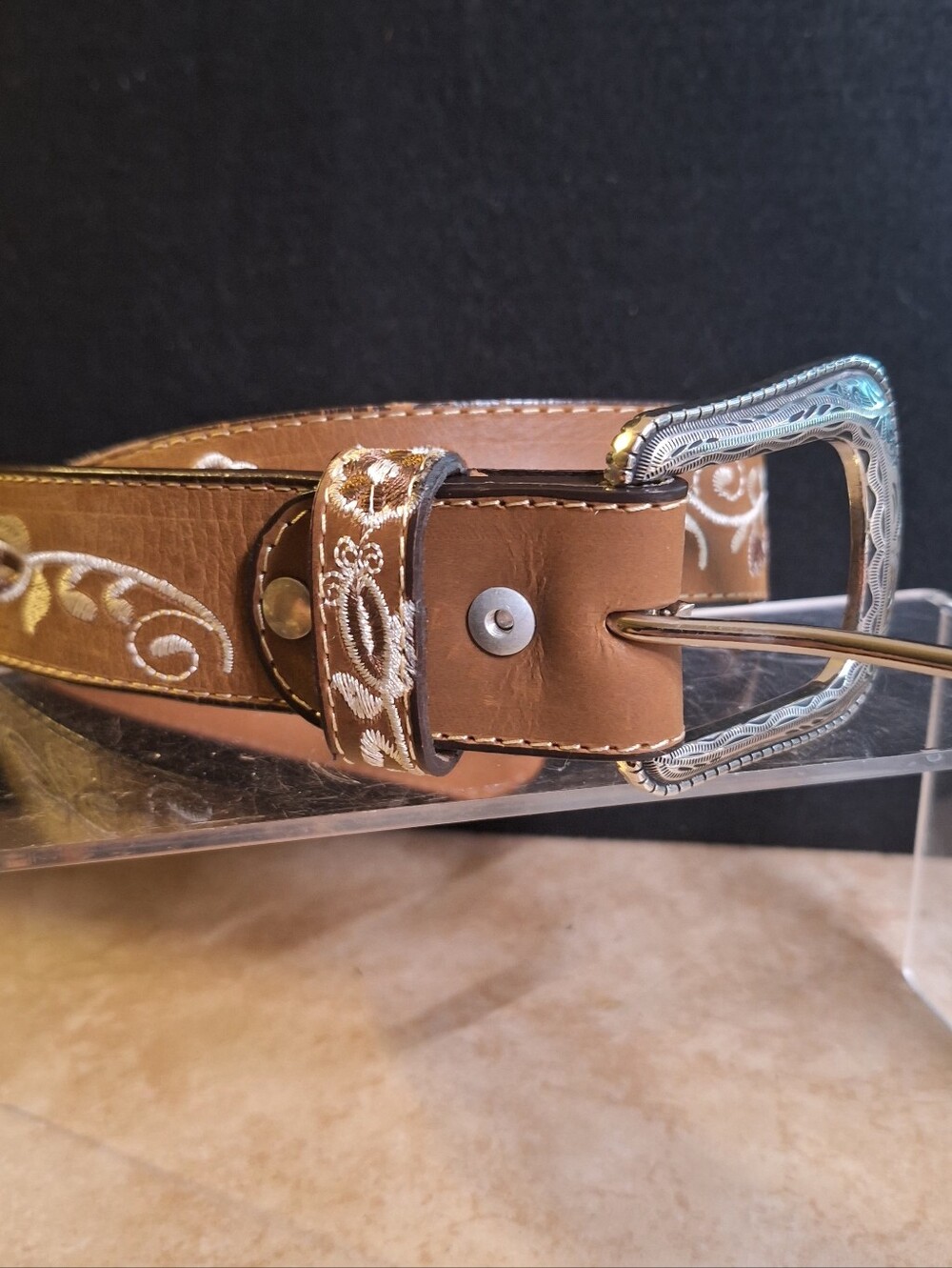 El Rentinto Leather Embroidered Western Style Belt Silver Buckle Women's Sz 28